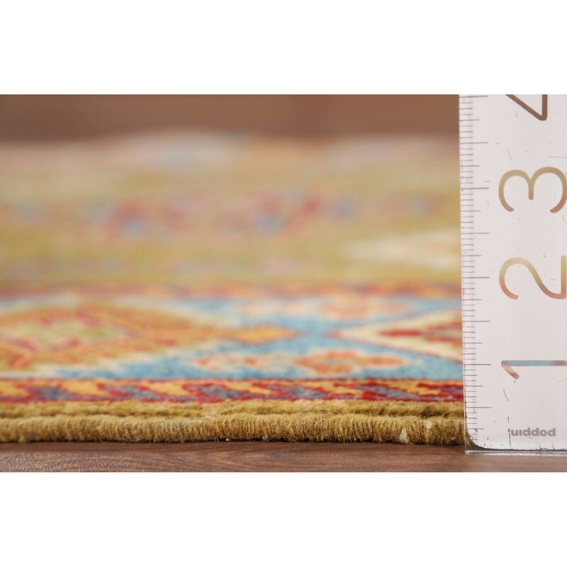 Kazak Accent Rug Handmade Yellow Geometric Wool Carpet - 3'4" x 4'10"
