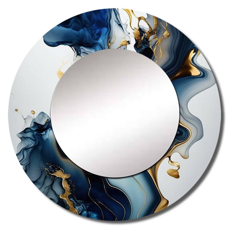Designart "Abstract Geode Marble Blue I" Marble Abstract Wall Mounted Round Mirror - Blue Modern Large Mirror Wall Décor