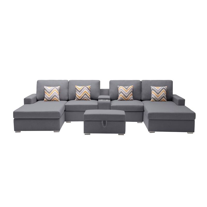 Linen Fabric 6 Piece U-Shaped Double Chaise Sectional Sofa with Interchangeable Legs and Storage Console Table - Gray