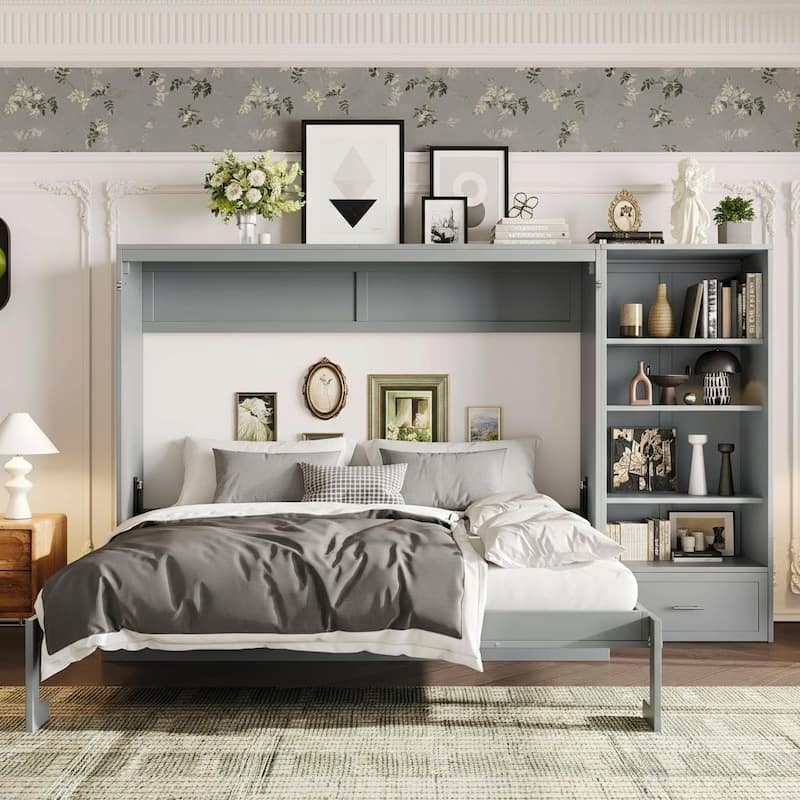 Queen Wall Murphy Bed with Adjustable Shelving Unit, Drawer Storage & Fold-Down Table by Harper&Bright Designs