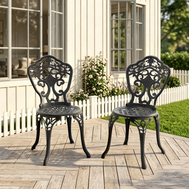 Set of 2 Black Cast Aluminum Vintage Outdoor Dining Chairs for Patio, Garden