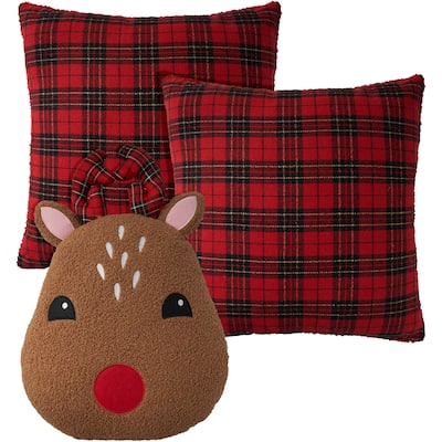 Mina Victory Holiday Pillows Plaid Sherpa Reindeer set3/3pcs Red Indoor Throw Pillow