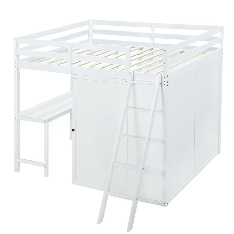 Full Size Loft Bed with Wardrobe, Study Desk and Storage Shelves