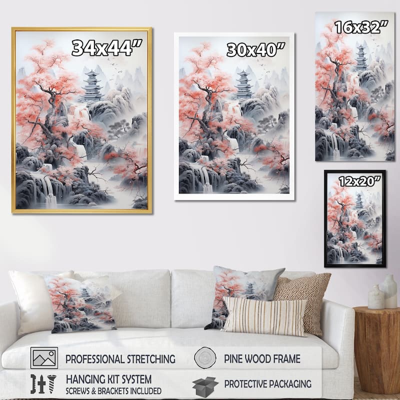 Designart "Minimalism Asian Pink Landscape" Asian Art Framed Wall Art Living Room