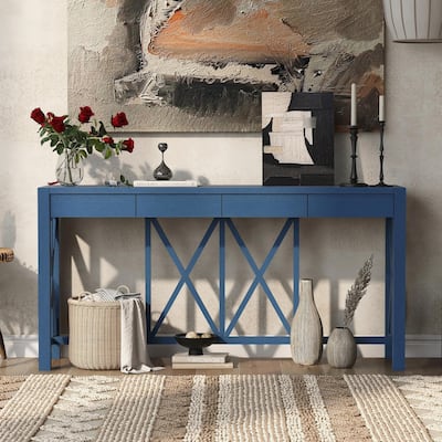 60" Acacia Veneer Console Table with 4 Spacious Drawers