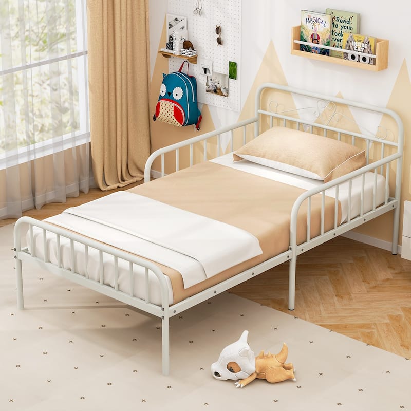14 Metal Slats Twin Size Bed Frame with Headboard and Safety Side Guardrails