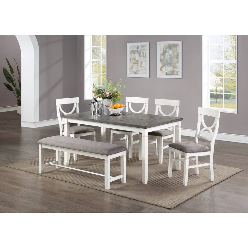 6 Piece Wood Dining Table Set, Kitchen Dining Room Table Set with Rectangle Table, 4 Upholstered Chairs and Bench - White