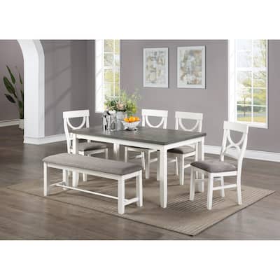 Dining Room Furniture White 6pc Dining Set Table 4 Side Chairs and A Bench Rubberwood MDF