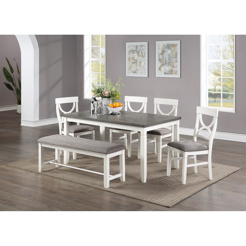 Dining Room Furniture White 6pc Dining Set Table 4 Side Chairs and A Bench Rubberwood MDF