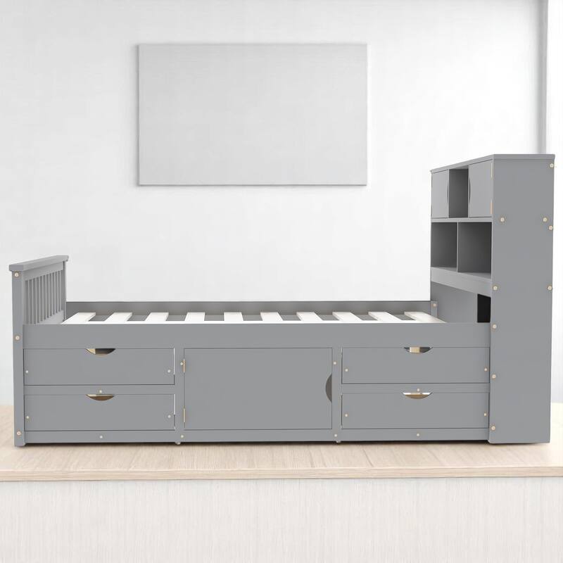 Full Size Captain Platform Bed with Bookcase Headboard, 4 Storage Drawers, and Adjustable Shelves, Gray Wood Frame
