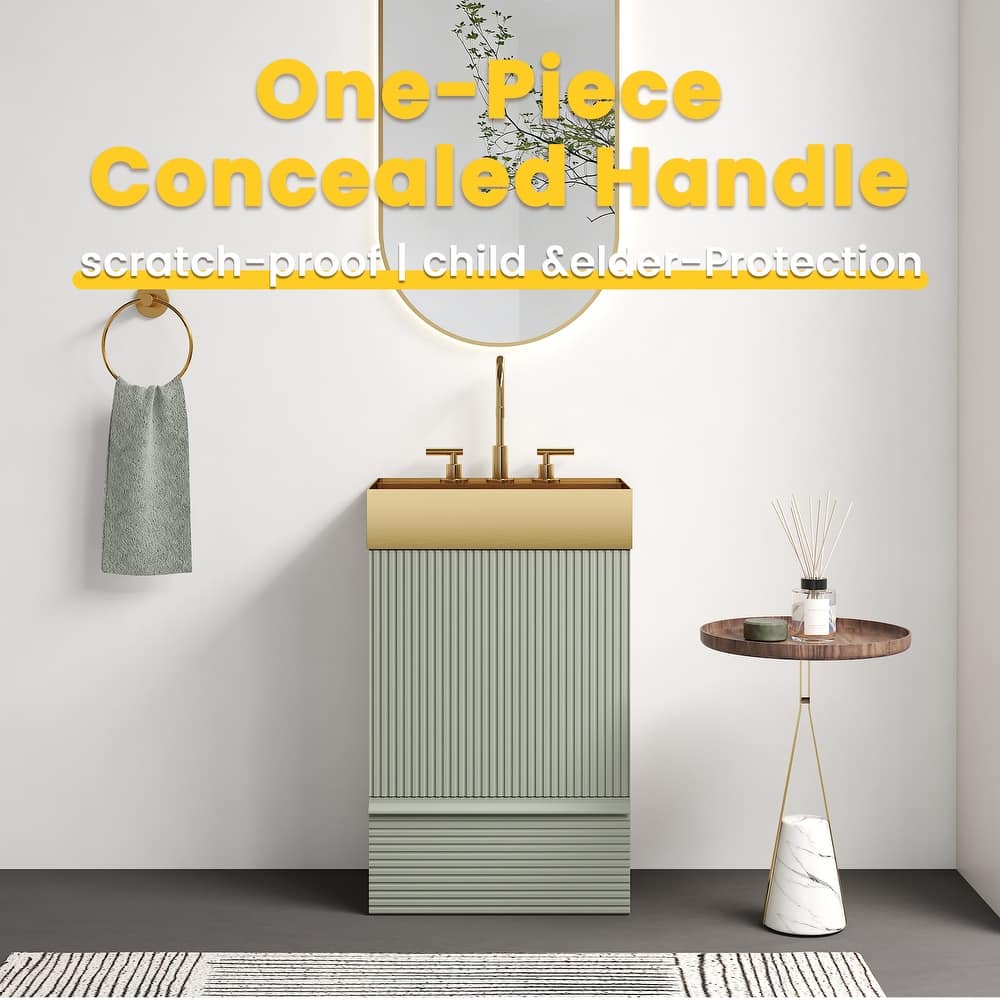 20" Striped Bathroom Vanity with Integrated Brushed Gold Stainless Steel Bathroom Sink, One-Piece Metal Basin without Faucet