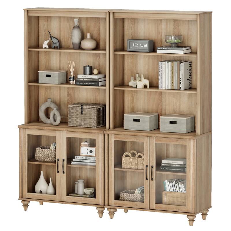 Oak Bookcase with Doors, Large Wood Farmhouse Book Case Shelf