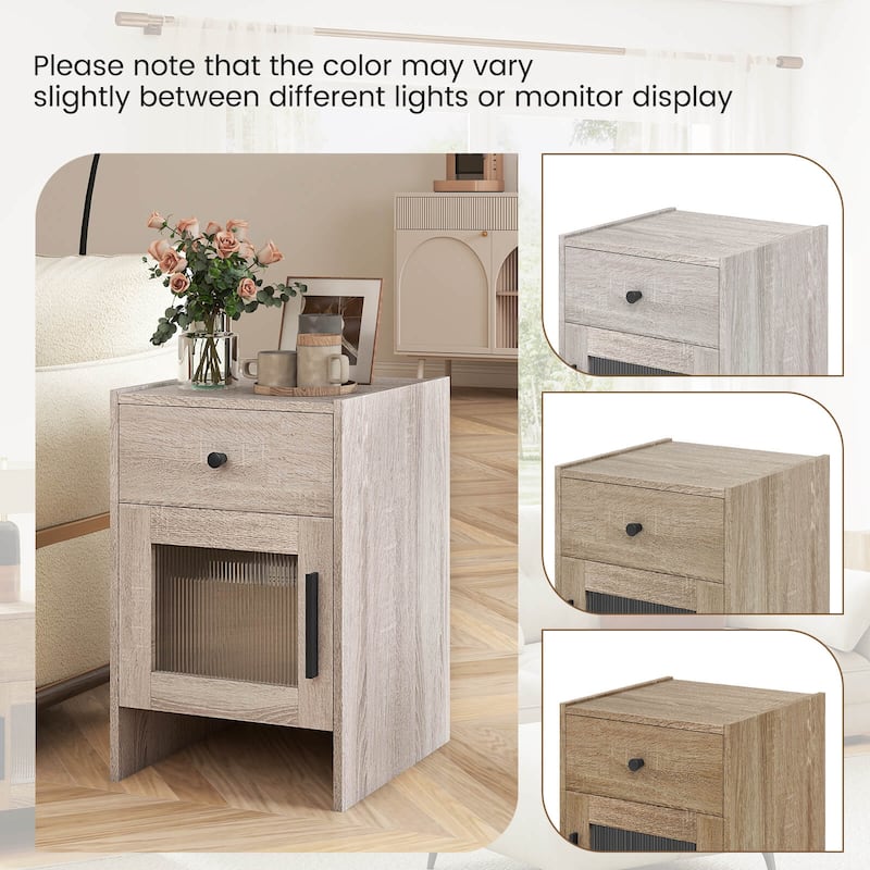 Costway 1/2 PCS Farmhouse Nightstand Fluted Bed Side Table with Large - Natural