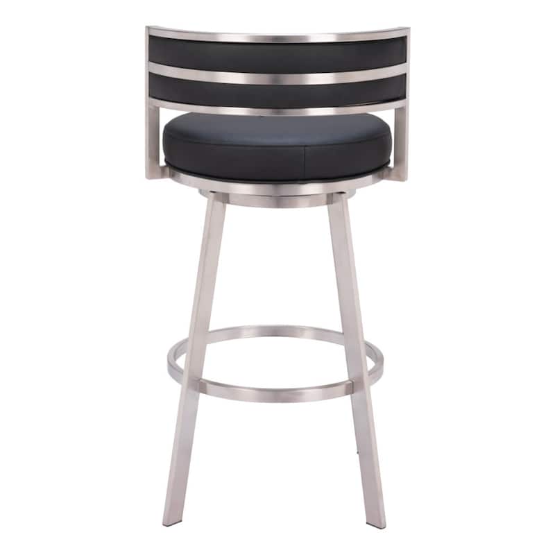 Modern 31-Inch Black & Silver Swivel Bar Stool – Faux Leather Low Back Bucket Seat with Footrest - 20.1" x 20.1" x 38.2"