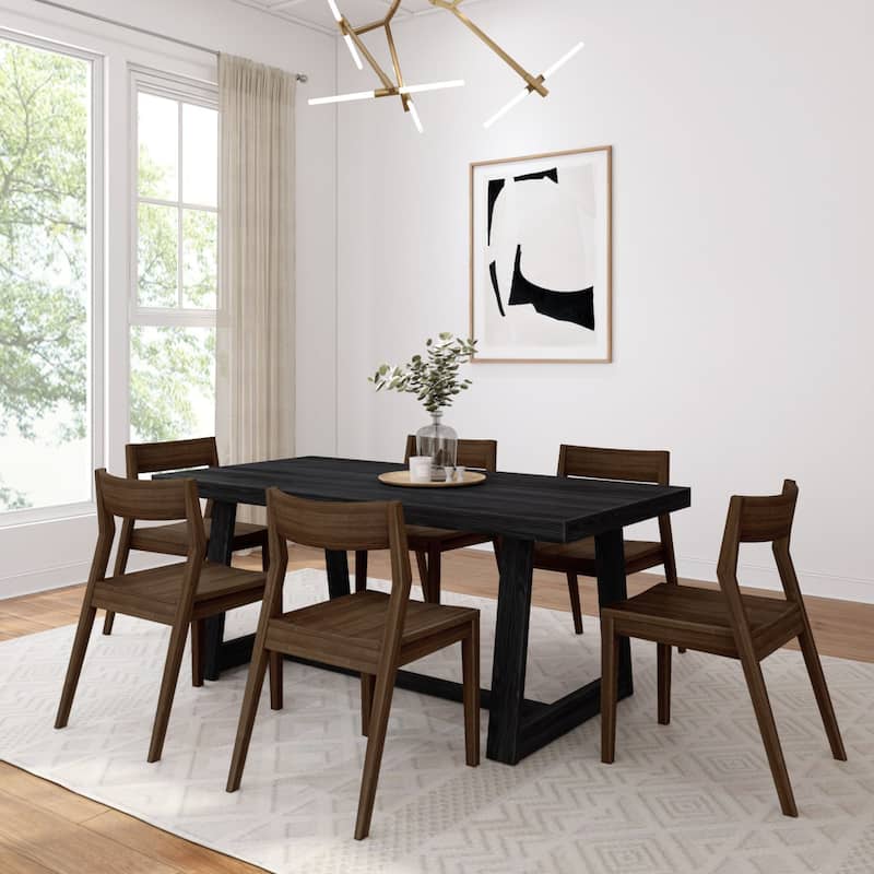 Plank and Beam 72" Classic Solid Wood Dining Table and Chairs Set - Black Wirebrush/Walnut