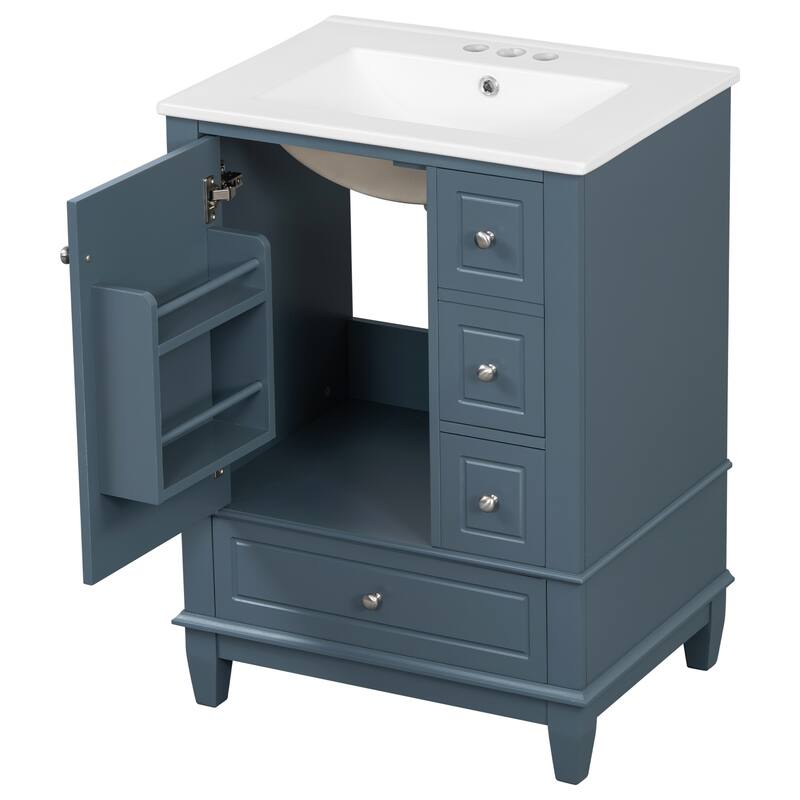 24" Bathroom Vanity With Sink And Drawers, Freestanding Vanity Cabinet With Ceramic Top And Storage Shelves, Modern Sink Cabinet