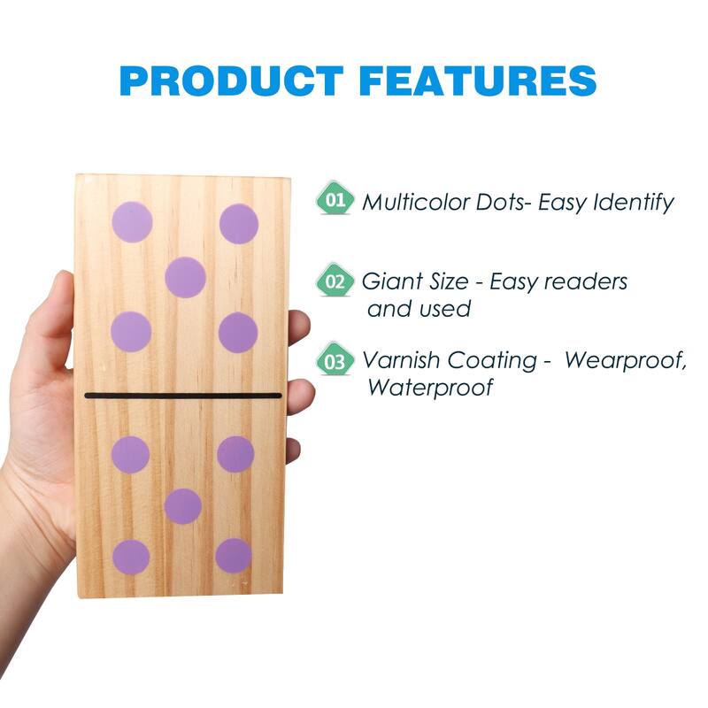 GSE™ 28-Piece Giant Wooden Dominoes with Multi-Color Dots, Jumbo Domino Tile Game Set for Outdoor Backyard Lawn Game