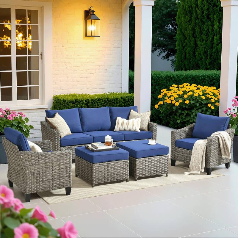 ​​OVIOS 5-Piece Outdoor Wicker Set With Ottoman - NavyBlue