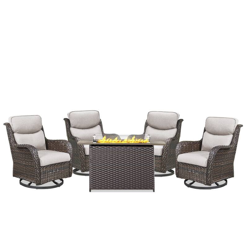 5 Pieces Outdoor Swivel Chairs Fire Pit Table with 5-Inch Thick Cushions