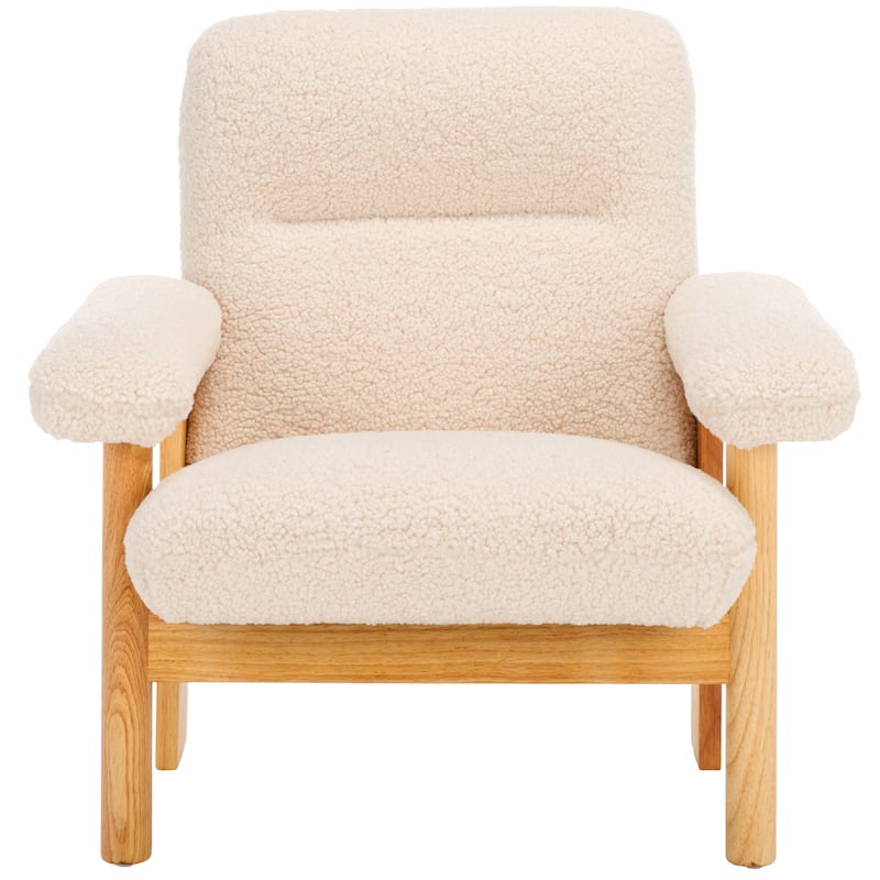 SAFAVIEH Sylvaine Solid Wood Accent Chair (Fully Assembled) - W33" x D30" x H33" - 33Wx30Dx33H - Cream Faux Shearling/Natural