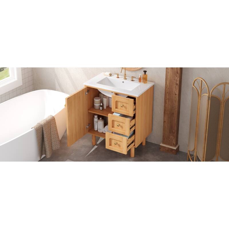 Roomfitters 30 Inch Bathroom Vanity with Ceramic Sink, Farmhouse Storage Cabinet with 3 Sliding Bins & Soft Close Door, Natural