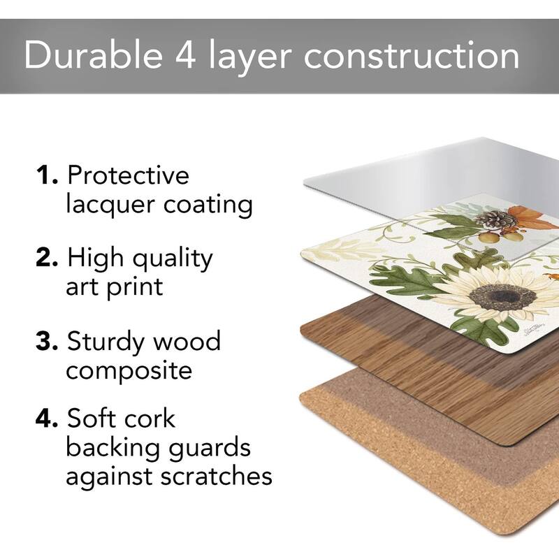 Farmhouse Fall Decorative Hardboard Cork Backed Coasters 4 Pack Layered Construction Heat Tolerant Easily Wipes Clean
