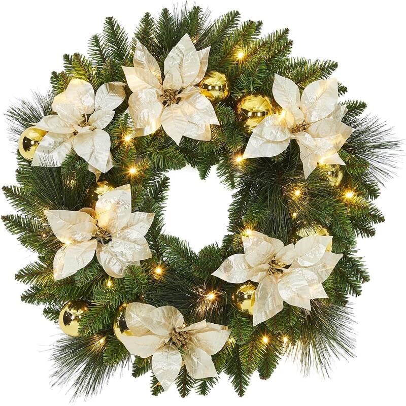 24 Inch Pre-Lit Christmas Wreaths for Front Door 60cm Xmas Wreath Artificial Wreaths with 50 Lights - N/A - Green