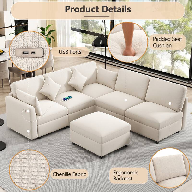 L-Shaped Modular Sectional Sofa Convertible U-Shaped Sofa Bed with Movable Ottoman and 2 USB Ports, 2 Pillows, Chenille 5 Seat