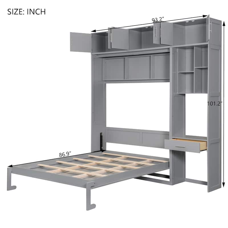 Queen Size White Wall Murphy Bed with Desk, Top Cabinet & Storage Shelves, Space Saving Foldable Bed