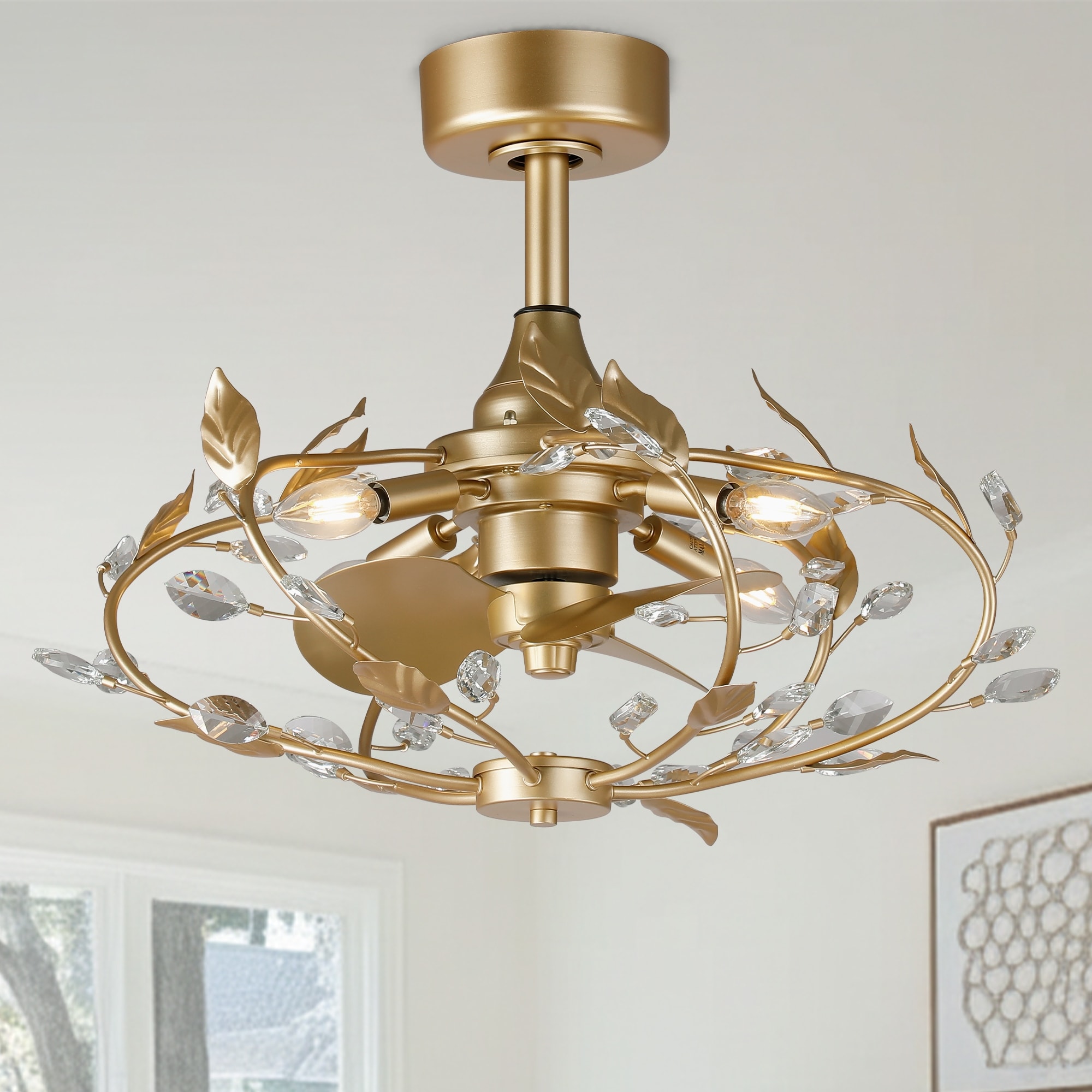 24" Modern Gold Leaves Crystal Caged Ceiling Fan Chandelier with Remote