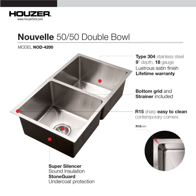 Houzer Nouvelle 31-1/8" Undermount Double Basin Stainless Steel