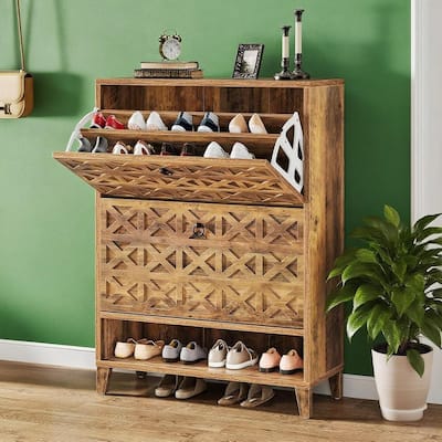 Slim Shoe Cabinet with Flip Drawers and Open Shelf for Entryway Hallway and Home Storage - 31.5”L x 9.45”W x 43.31”H