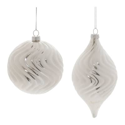 Wavy Ribbed Glass Christmas Ornaments - 6.75" - Beige and Silver - 6ct