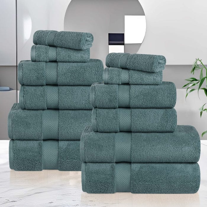 Superior Zero Twist Cotton Soft Absorbent 12 Piece Assorted Towel Set - Jade Green