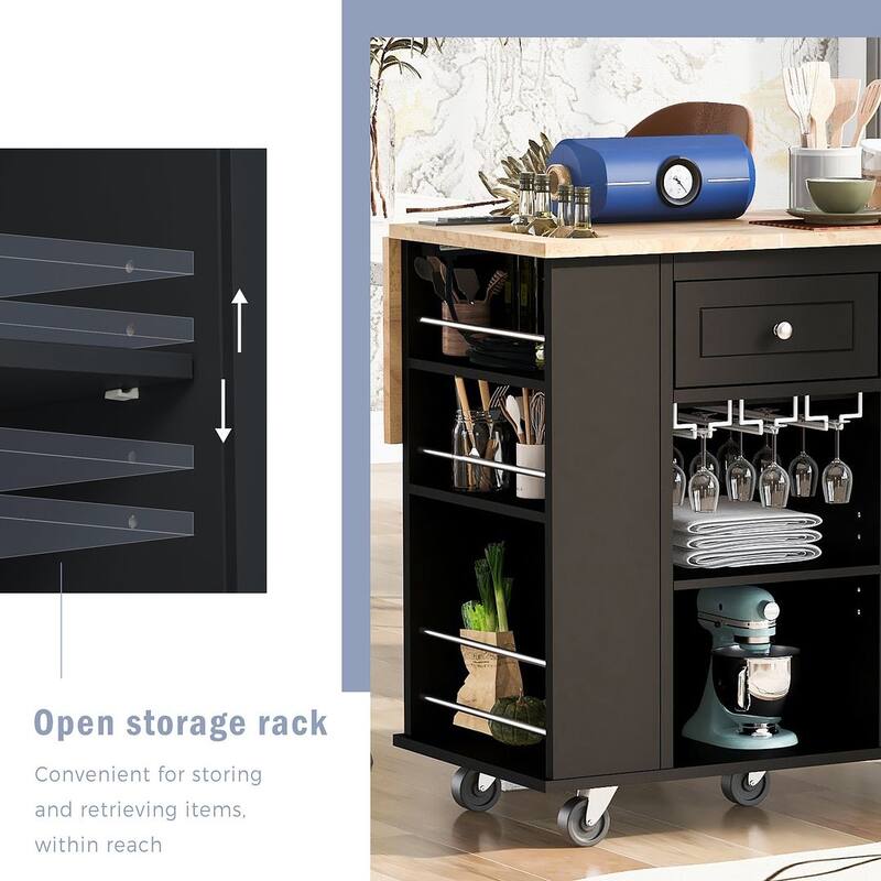 47" Modern Kitchen Cart with Electrical Outlet, Rubberwood Kitchen Island with Drop Leaf and Adjustable Storage Cabinet