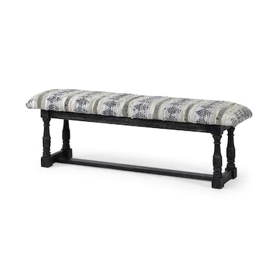 Off White Faux Leather Upholstered Entryway Bench Black Wood Legs Striped Pattern - 56” D x 14.5” W x 19” H