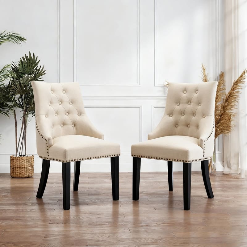 Fabric Upholstered Dining Chairs Button Tufted Nailhead Trim Accent Chairs Set of 2