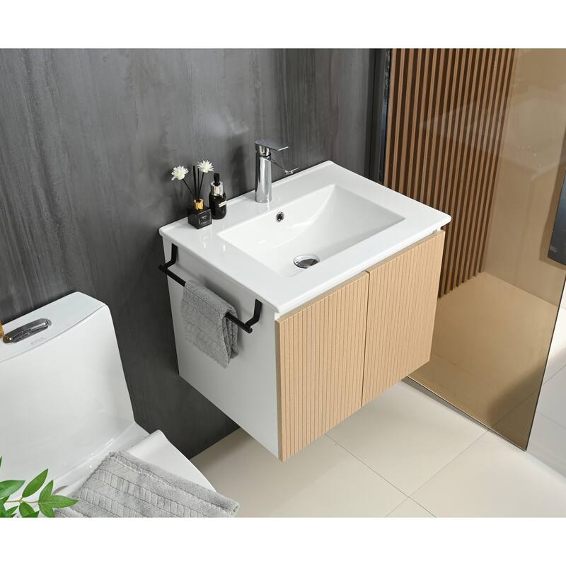 GDFStudio - Adrian Floating Bathroom Vanity with Ceramic Sink and Integrated Towel Rack Storage Cabinet