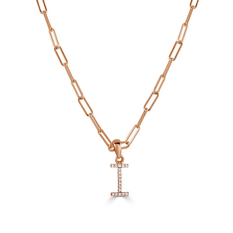Joelle Collection Diamond Initial Letter Necklace Paperclip 14K Gold 16-inch Chain 1/10 TDW Necklace - I - Rose