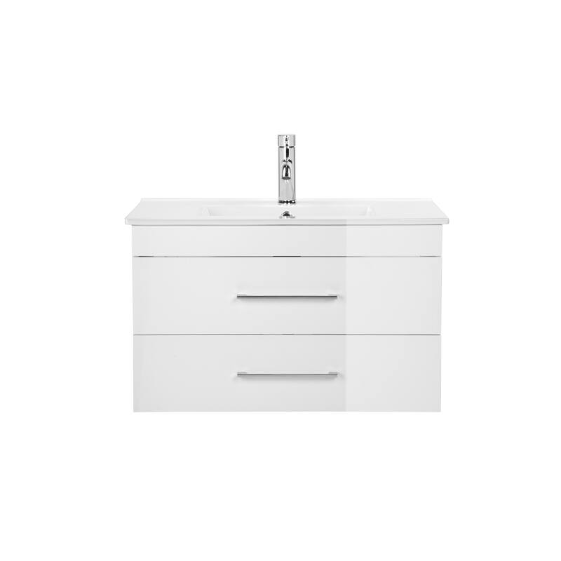 GDFStudio - 32-Inch White Gloss Wall-Mounted Bathroom Vanity with Double Drawers
