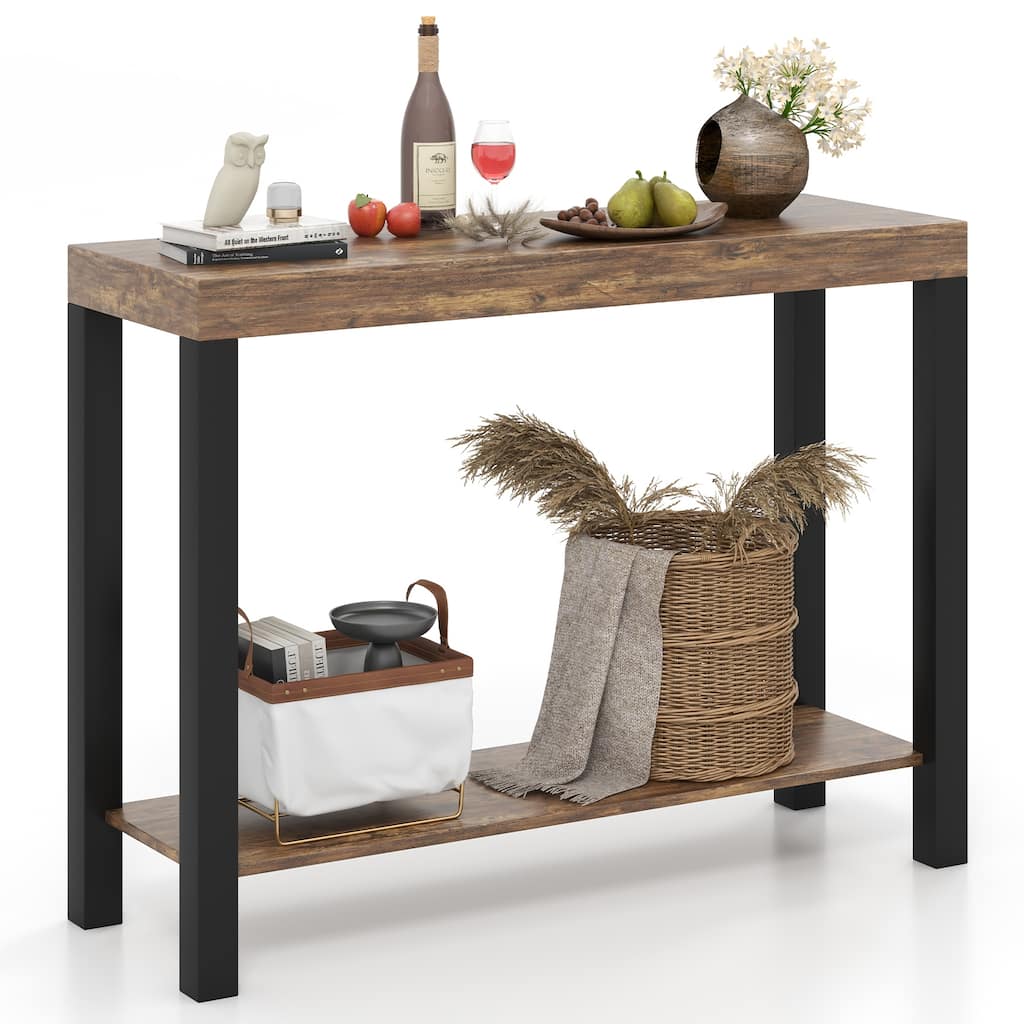 Gymax 2-Tier Home Bar Table w/ Open Shelves Sofa Side Table w/ Storage