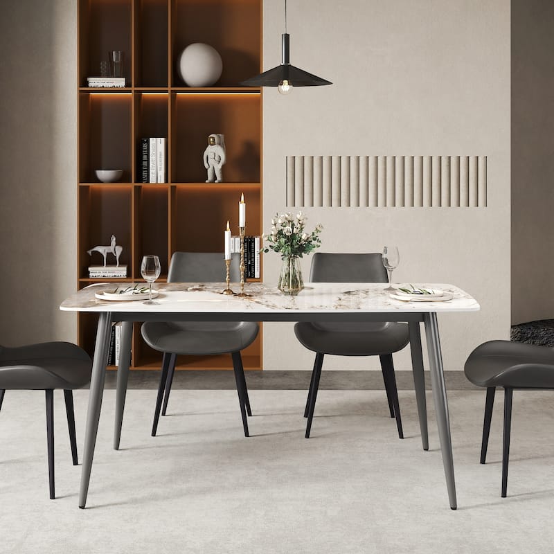 63" Rectangle Modern Kitchen Table with Sintered Stone Dining Table Top and Metal Legs