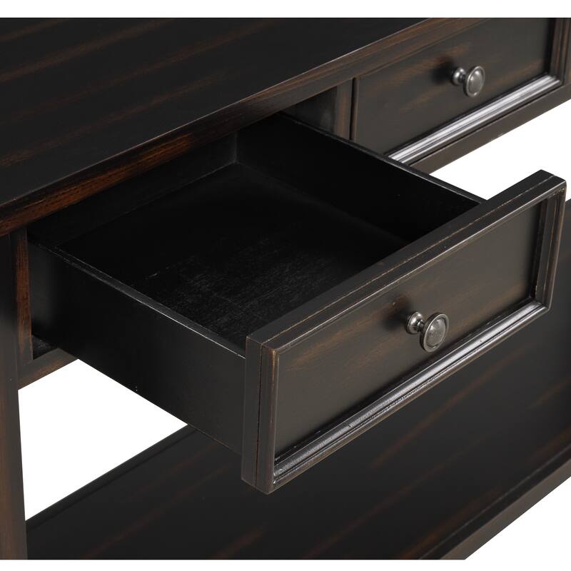 63" Pine Console Table with 4 Drawers & Open Bottom Shelf, Classic Retro Long Entryway Table Sofa Table for Living Room Entryway