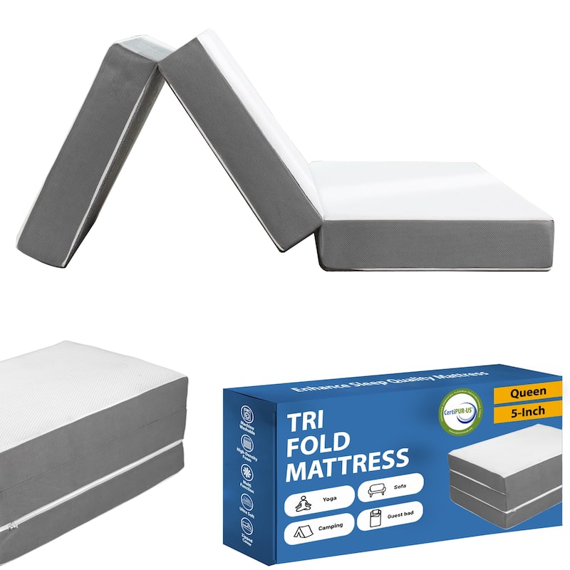 Folding Mattress, 3", 4" & 5" Gel Memory Foam Portable Tri-fold Mattress. - Queen - 6-Inch