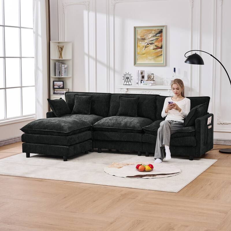 L-Shaped Modular Sectional Sofa with Movable Storage Ottoman, Comfy Cashmere Deep Seat Cloud Couch, Lounge Sofa with Pillows