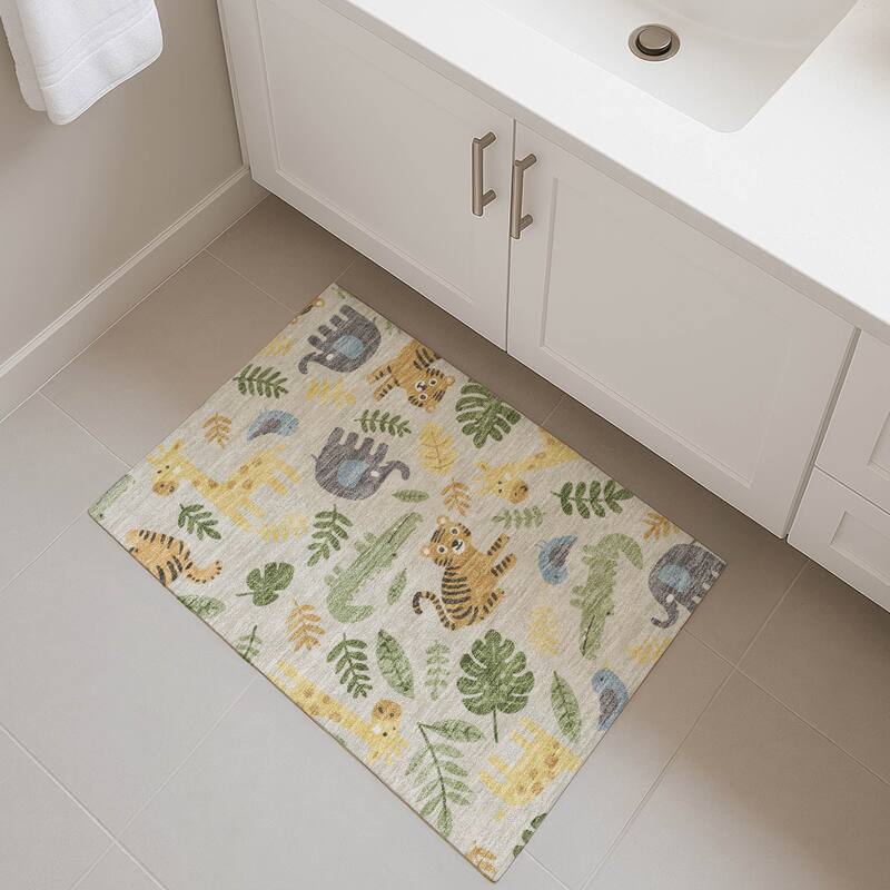 Machine Washable Indoor/ Outdoor Whimsy Safari Animals Chantille Rug
