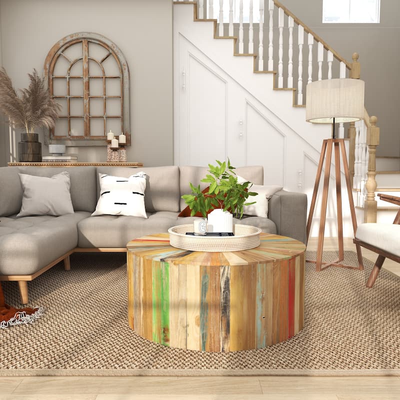 Brown Reclaimed Wood Handmade Pinwheel Drum Geometric Coffee Table with Colorful Painted Accents