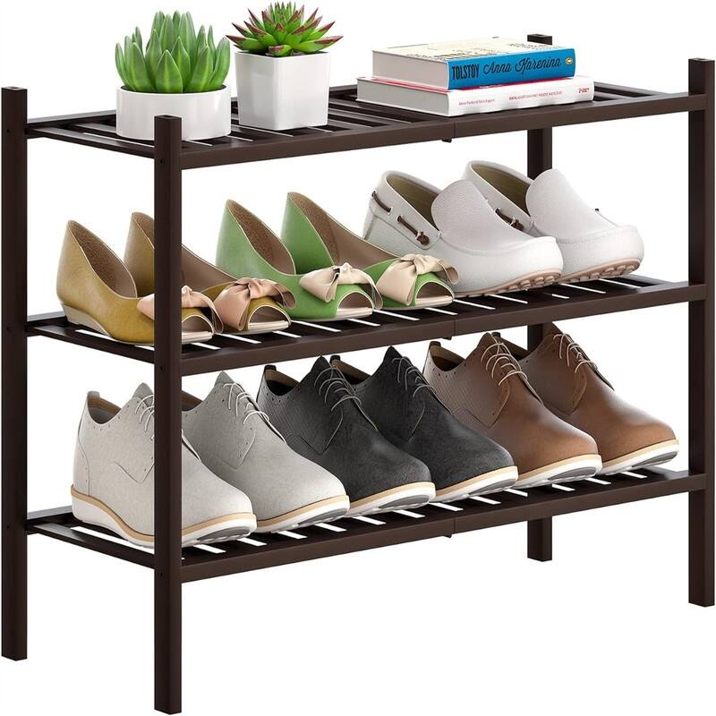 Bamboo Shoe Rack Stackable Shoe Shelf Storage Organizer for Unit Entryway - 11"D x 27"W x 18.3"H - Brown
