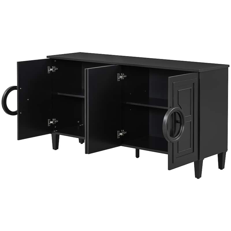 Sideboard Cabinet with Round Ring Handle, Wood Storage Cabinet with Adjustable Shelf, Console Table with 4 Doors