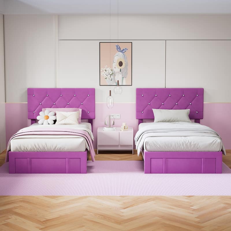 Javlergo 2-Piece Twin Bed Frame Set 39.4-45.3" Adjustable Height PU Leather Headboard with Diamond Embellishment Storage Drawer - Purple.
